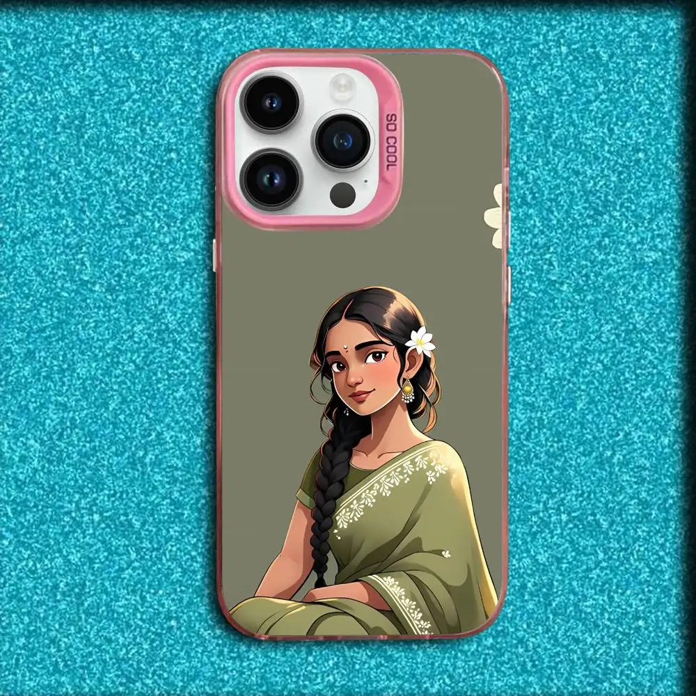 Capa de telefone com ilustração de menina indiana para iPhone 17,16,15,14,13,12,11,Pro,Max,Plus,E,SE4,Air,Mini Pink IMD Box