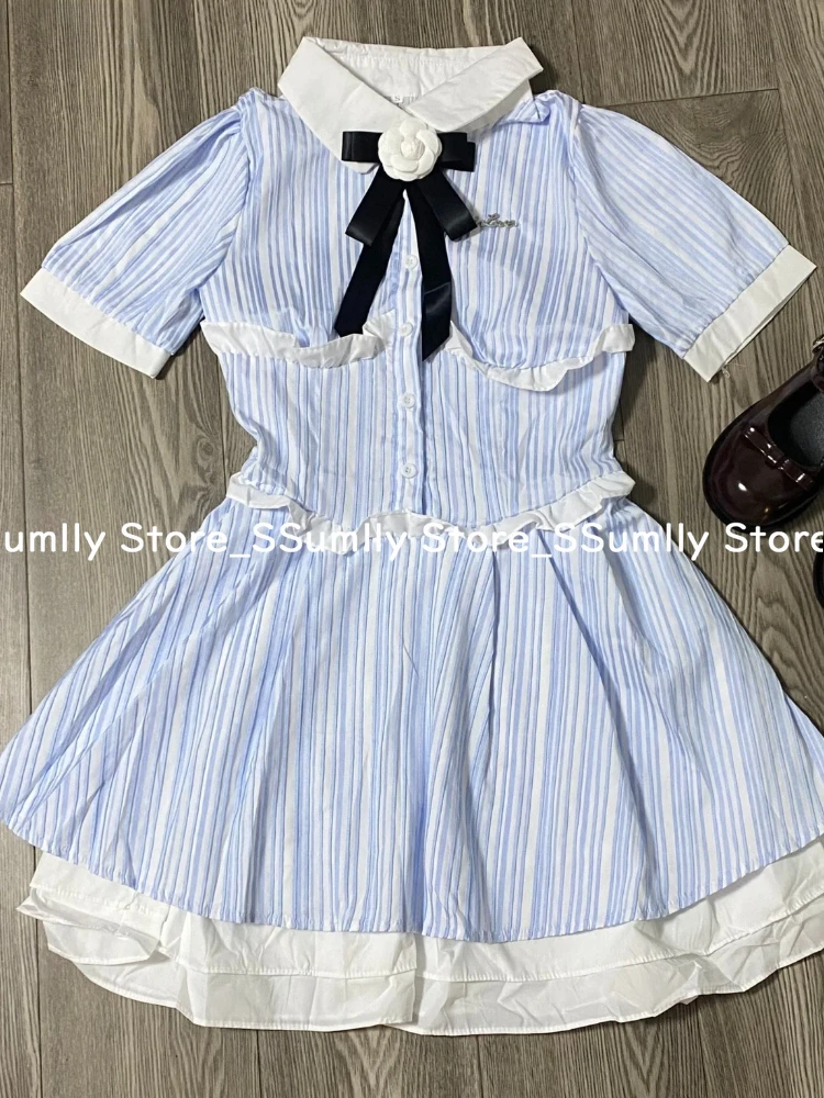 Abito da donna con fiocco in stile college dolce giapponese, abiti eleganti slim a righe blu, ragazza della scuola, collo alto, abbigliamento da principessa 2025 Nuovo