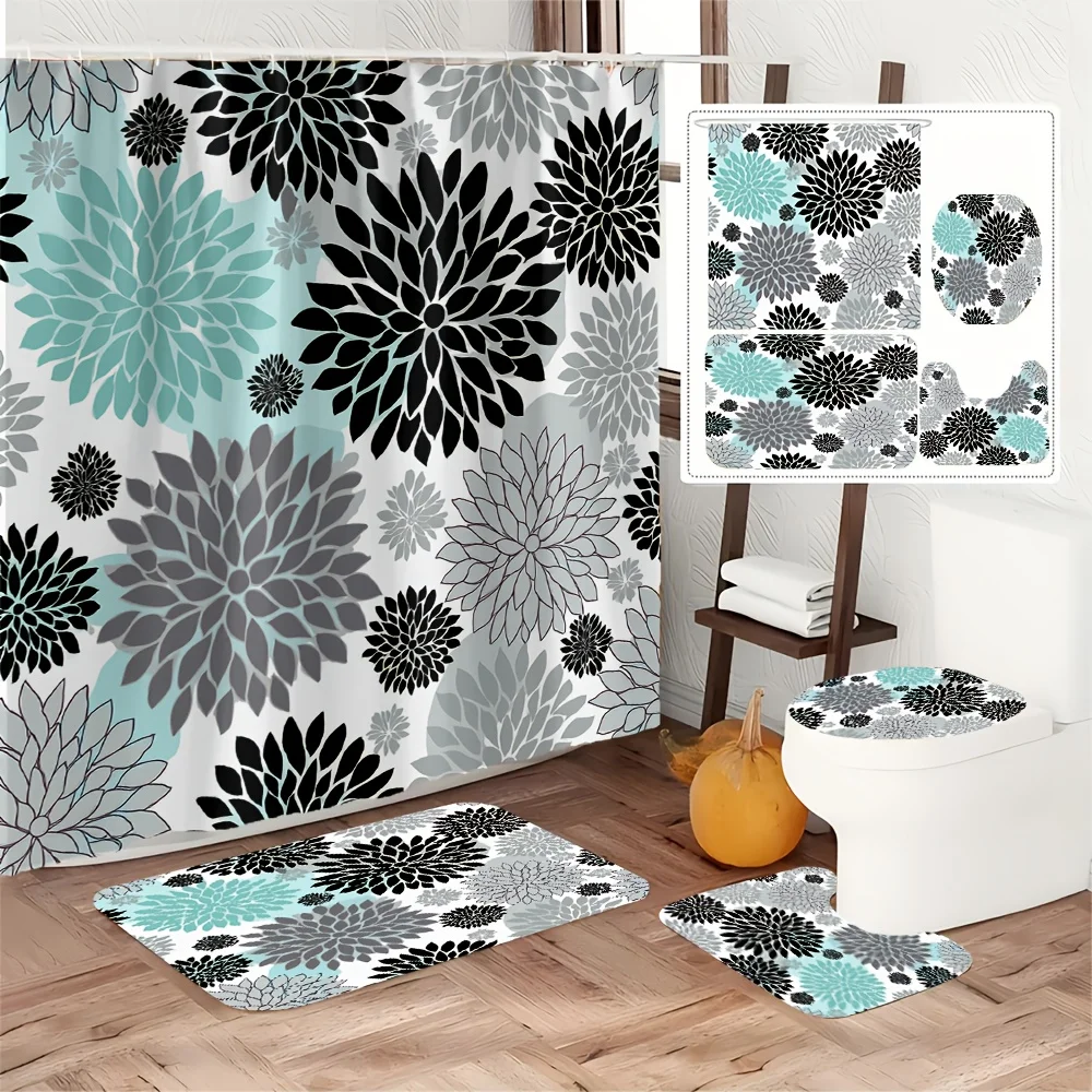 

4pc Black, blue, and gray patterned bathroom set includes a shower curtain, U-shaped mat, non-slip mat, and toilet seat cover.