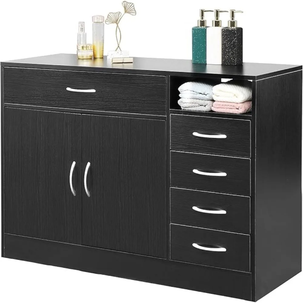 Salon Station Cabinet, Barber Hair Styling Stations, Beauty Dresser Spa Bathroom Equipment with 5 Drawers, Storage Cabinet Black