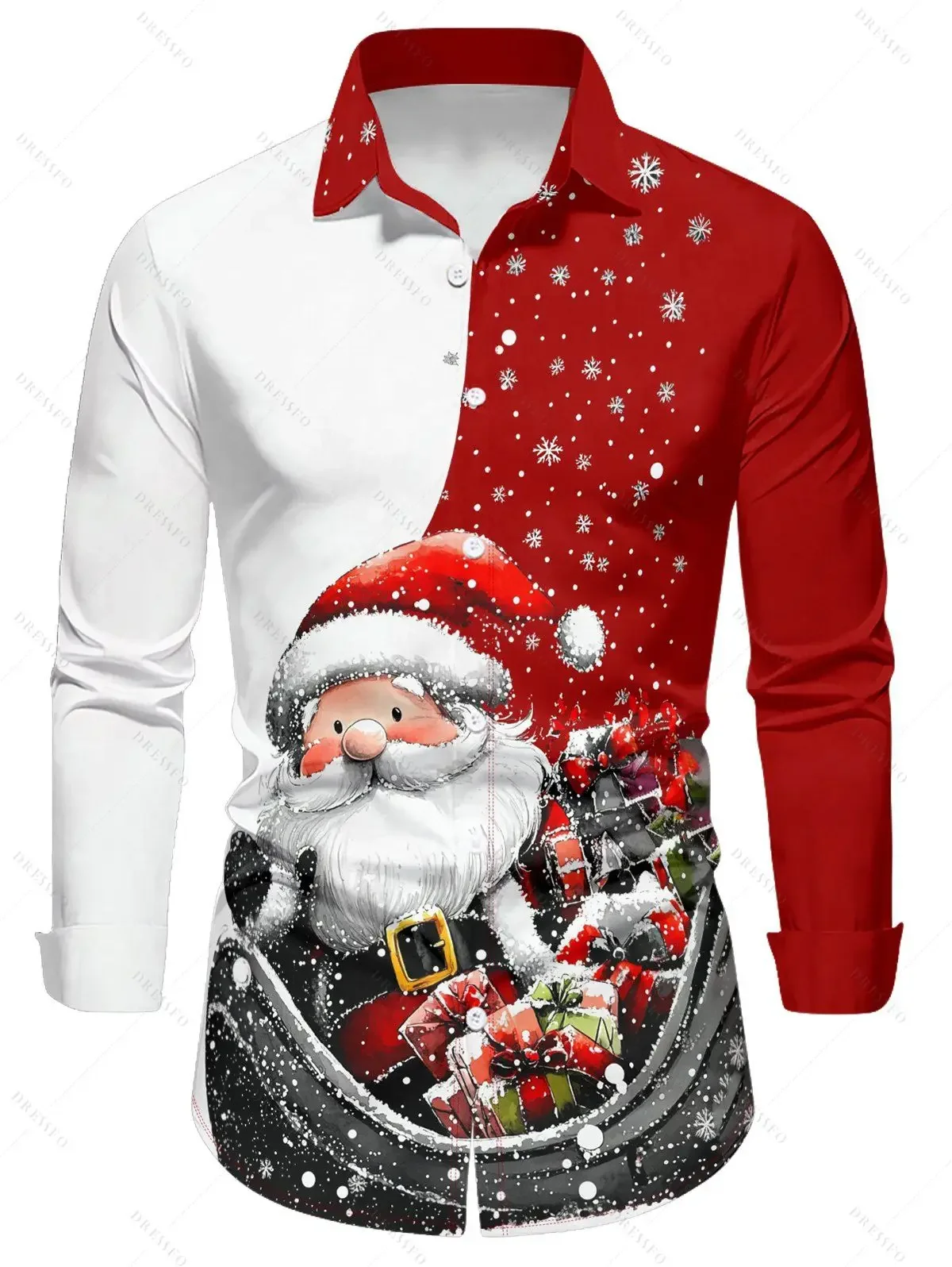 Men's shirt 3D Santa Claus theme stitching printing fun long-sleeved Christmas lapel shirt casual New Year Christmas gift shirt