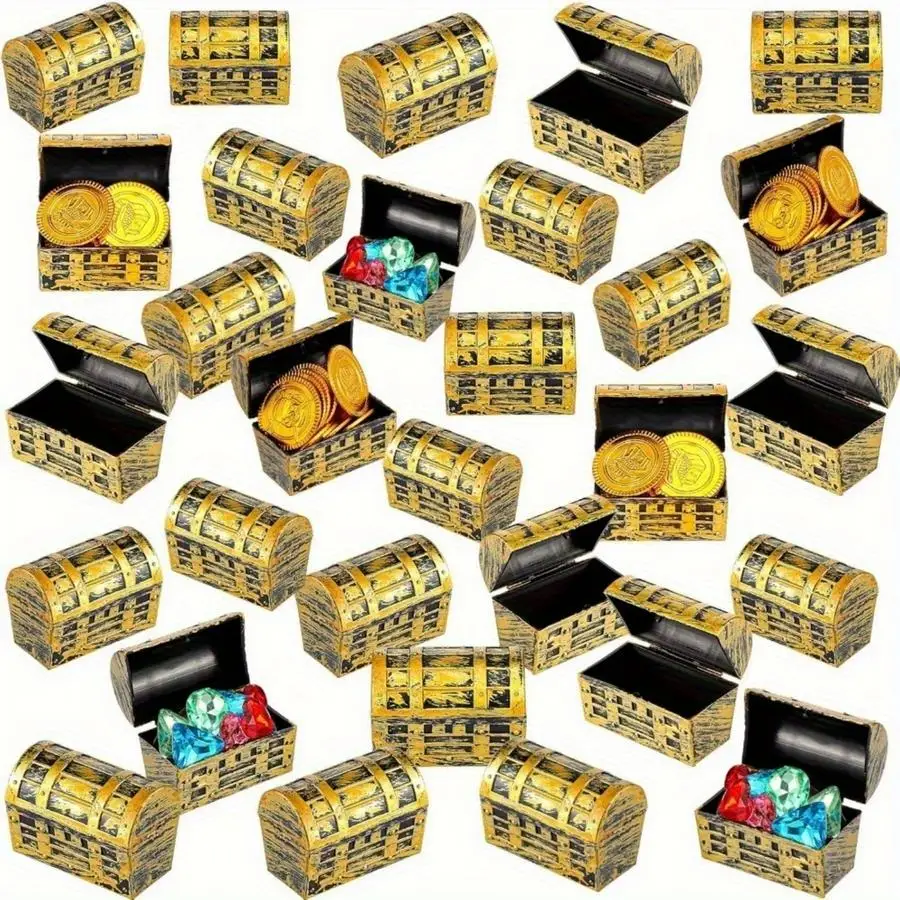1/5/10/20/50/100pcs Mini Vintage Pirate Treasure Chests, Mini Flip-Top Plastic Golden Vintage Distressed Pirate Boxes, Mini Rect