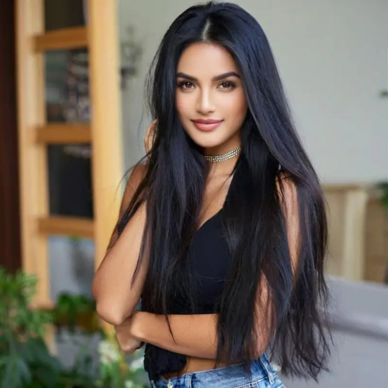 

Women's long straight wig with realistic scalp, middle-parted waist-length synthetic fiber hair cap for daily wear