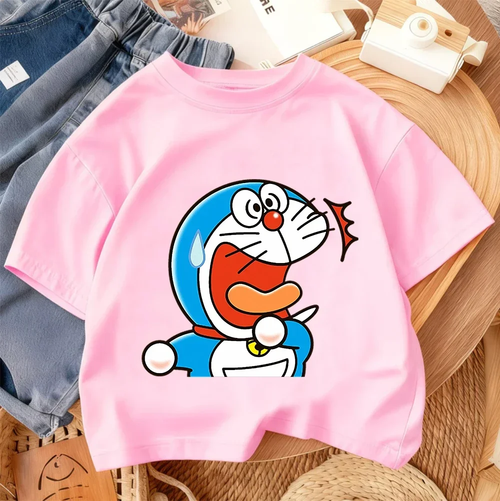 Children Casual Tee Doraemon Cute Kawaii Print 2026 Summer Boys Girls Street Fashion 3-14 Age