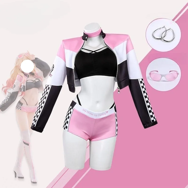 

Anime Kitagawa Cosplay Marin Costume Racing Suit Pink Coat Black Undergarment Short Pants Full Set Cool Clothes Role Play Outfit