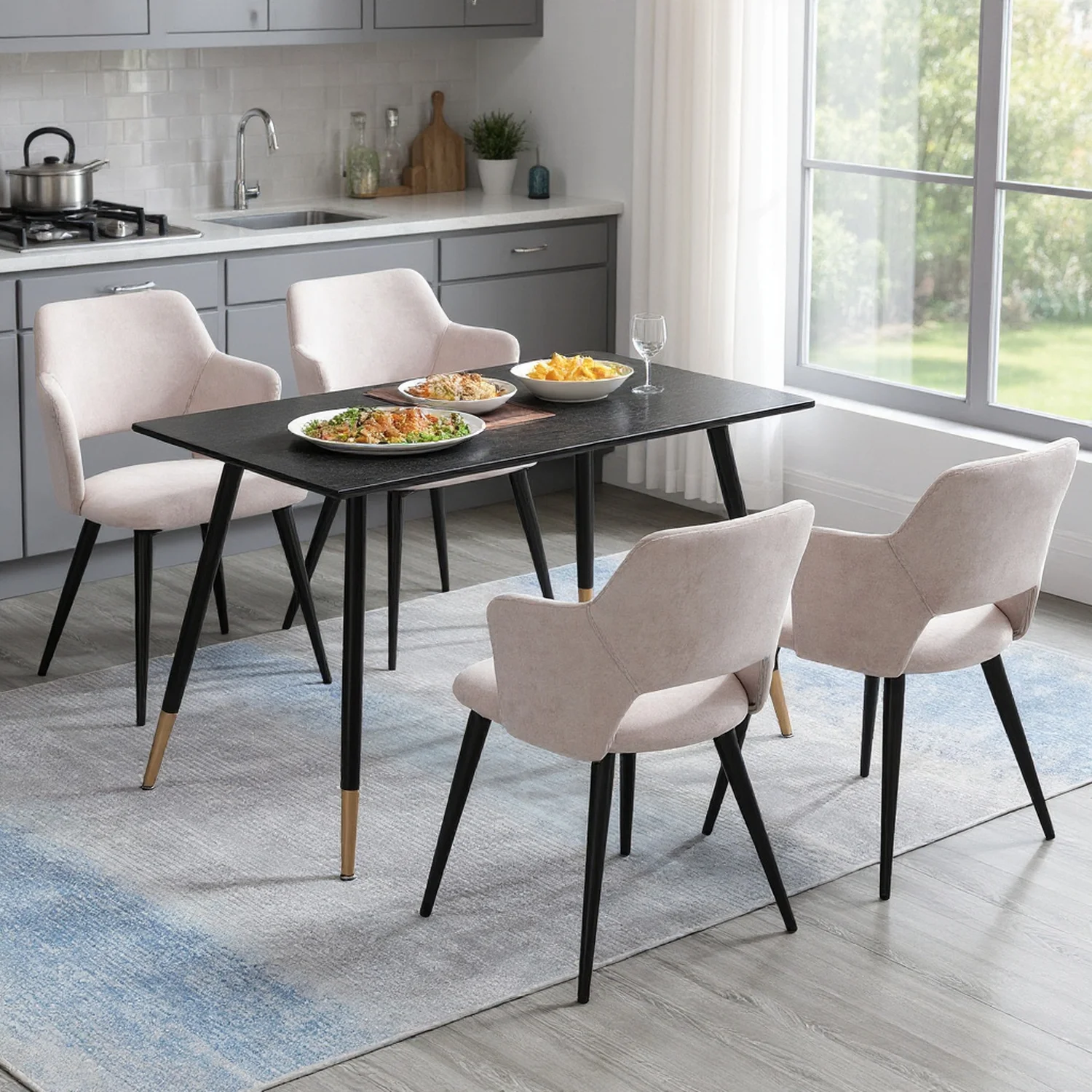 Conjunto de muebles acogedores de 4 sillas de comedor con patas de metal suave y tela escandinava para salón y cocina, color beige, 47x48x80 cm