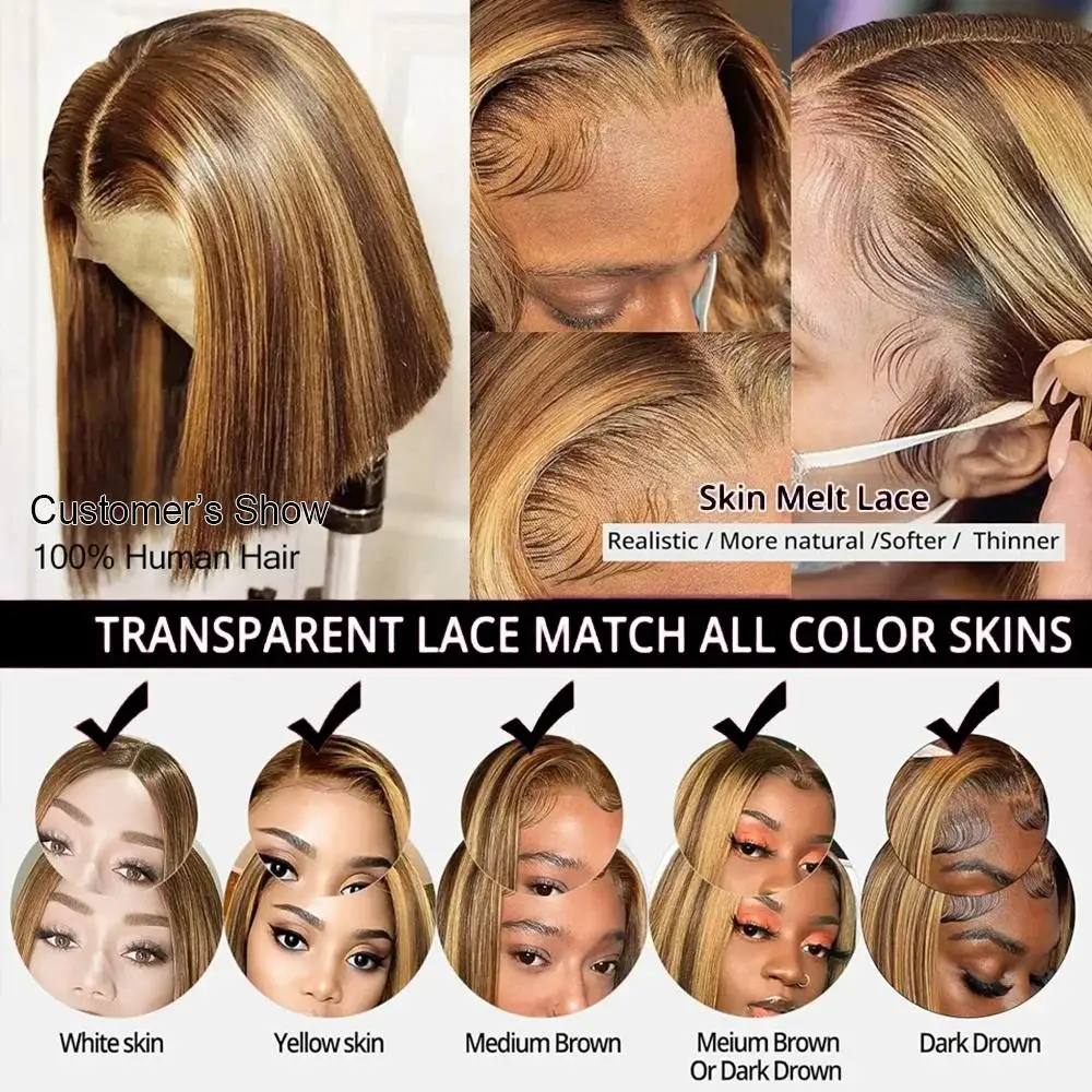 شعر مستعار قصير بوب تسليط الضوء على الدانتيل الشفاف الباروكات الأمامية مستقيم بوب الباروكات قبل قطعها 13x4 الدانتيل الجبهة الباروكات الاصطناعية للنساء