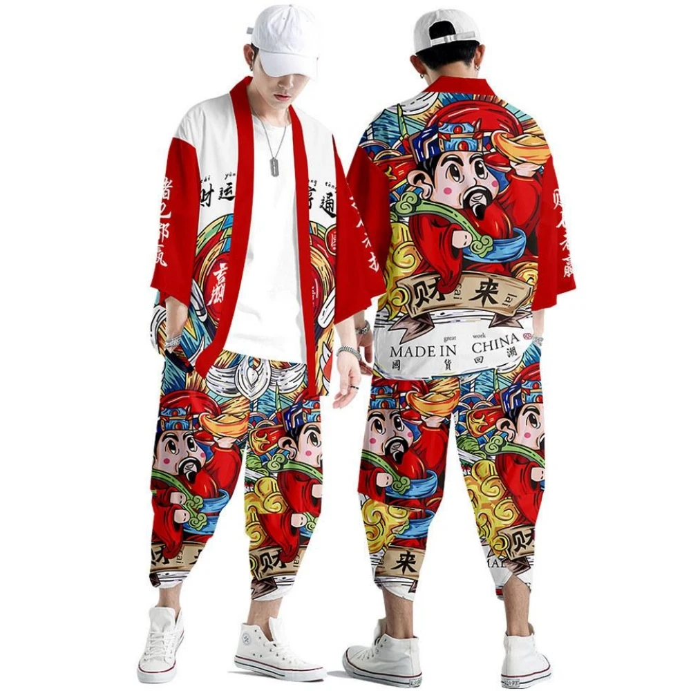 Japanese Kimono Cardigan Pants Set Print Prosperous Fortune Men Women Shirt Tradition Yukata Haori Obi Cosplay Costume