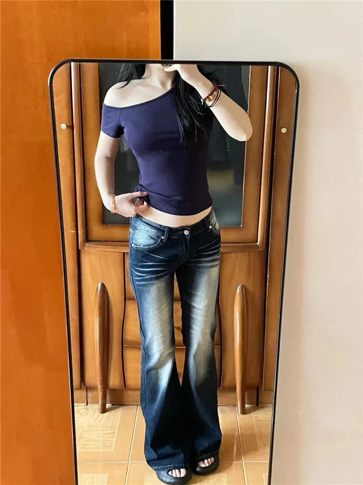 

Ретро-джинсы-клеш в американском стиле, женские, весенне-осенние, с эффектом похудения, длинные, с низкой талией, больших размеров