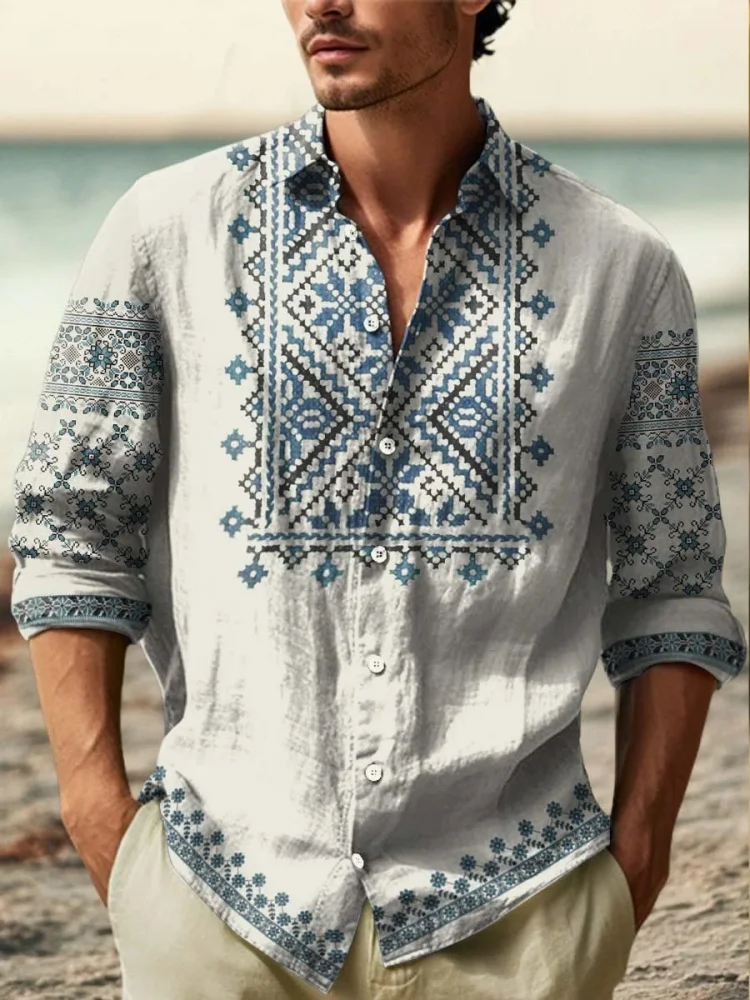 2025 Men's New Linen 3D Printed Long Sleeve Shirt Fashion Design Luxury Long Sleeve Shirt Four Seasons Lapel Button Shirt