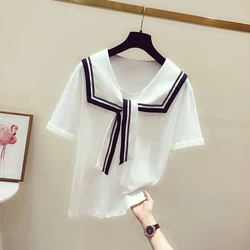 Summer Women Navy Shirts White Blouses Short Sleeve Lady Tops Sailor Collar Pullover Loose Japan Style Female Clothing