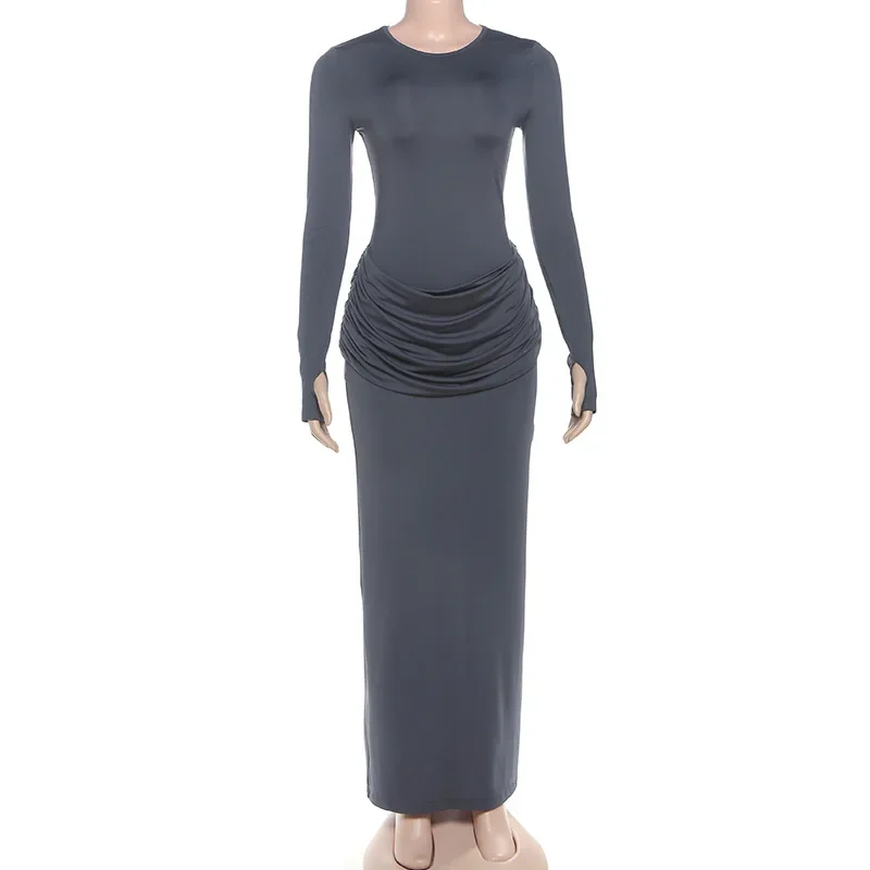 Ruched Bodycon Maxi Dress Women Solid O Neck Full Sleeve Classic Wrap Hips Slim Prom Banquet Party Long Robe Casual Streetwear
