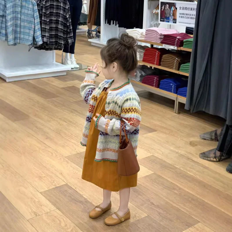 

Children's Clothing Autumn New Girls' retro Embroidered Color Knitted Cardigan Long Sleeve Dress Two Piece Set