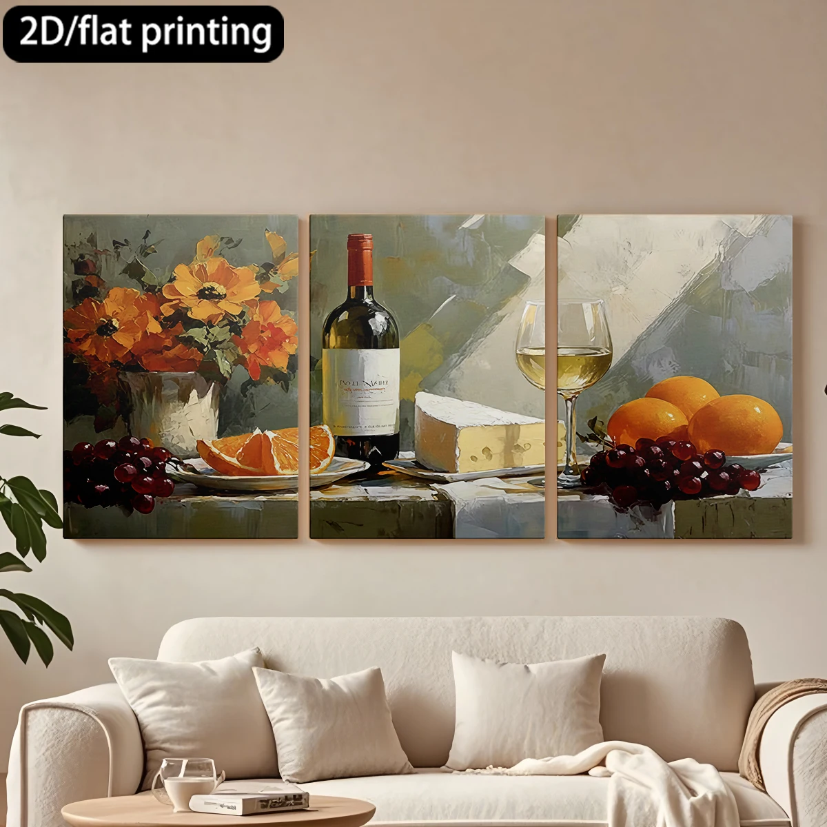 Pintura decorativa en lienzo de tres paneles. Natureza muerta: vino, queso, frutas, flores.