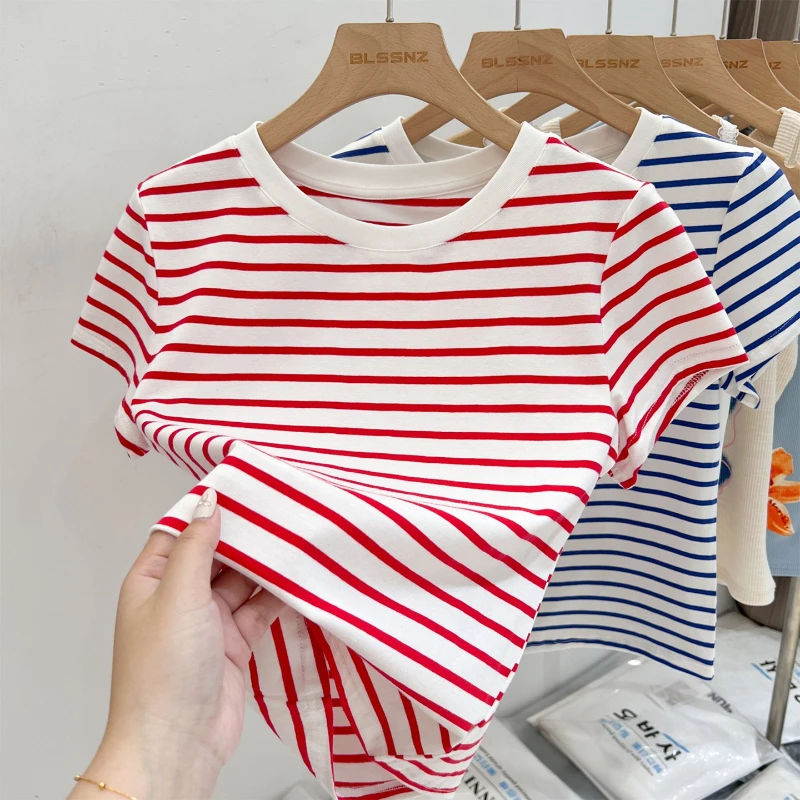 2026 Summer New Arrival Cotton Slim Fit Fashion Tops Striped Short Sleeve Women's T-Shirt Color Block Casual Versatile Tee