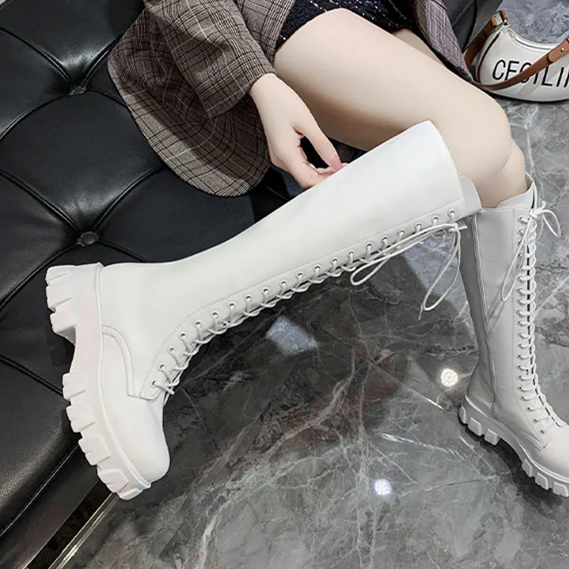 Sexy Knee-high Boots Solid Round  Lace-up Shoes for Women PU Laether Motorcycle Botas De Mujer Platform Chelsea Zapatillas Mujer