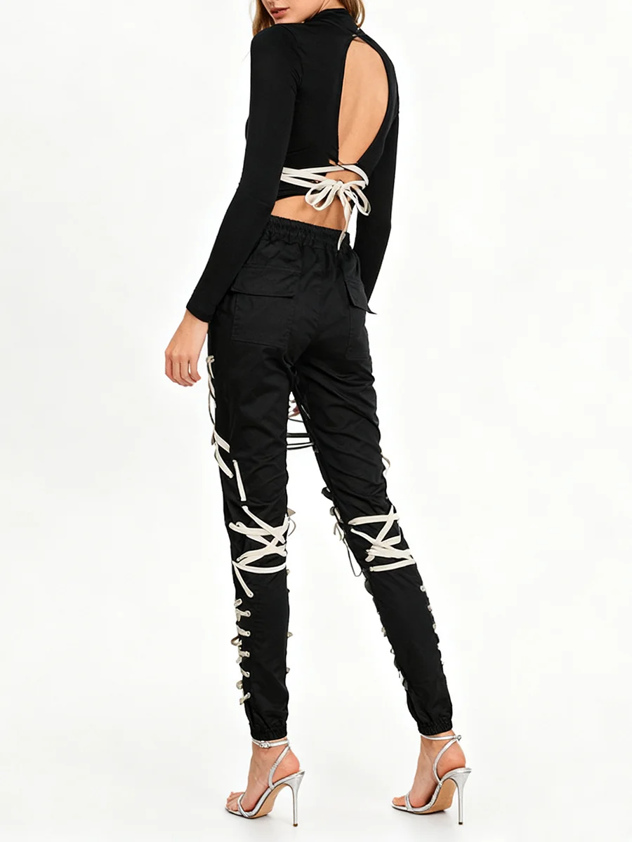 TWOTWINSTYLE Hit Farbe Gespleißt Strap Mode Hosen für Frauen Hohe Taille Patchwork Spitze Up Streetear Hose Weibliche Kleidung Neue