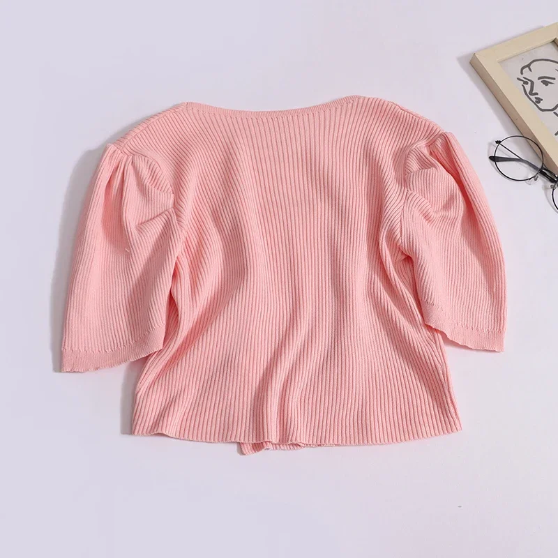 Women New Office Square Neck Double-breasted Cardigan Solid Slim Short Sleeved Knit Shirt Summer All-match Worn Outside Crop Top