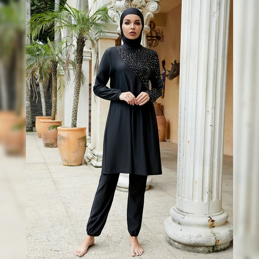 New Women Muslim Swimsuit Swimwear Three-Piece Set Full Cover Black Long Sleeve Long Dress Burkini Islamic Swim Bathing Surfing