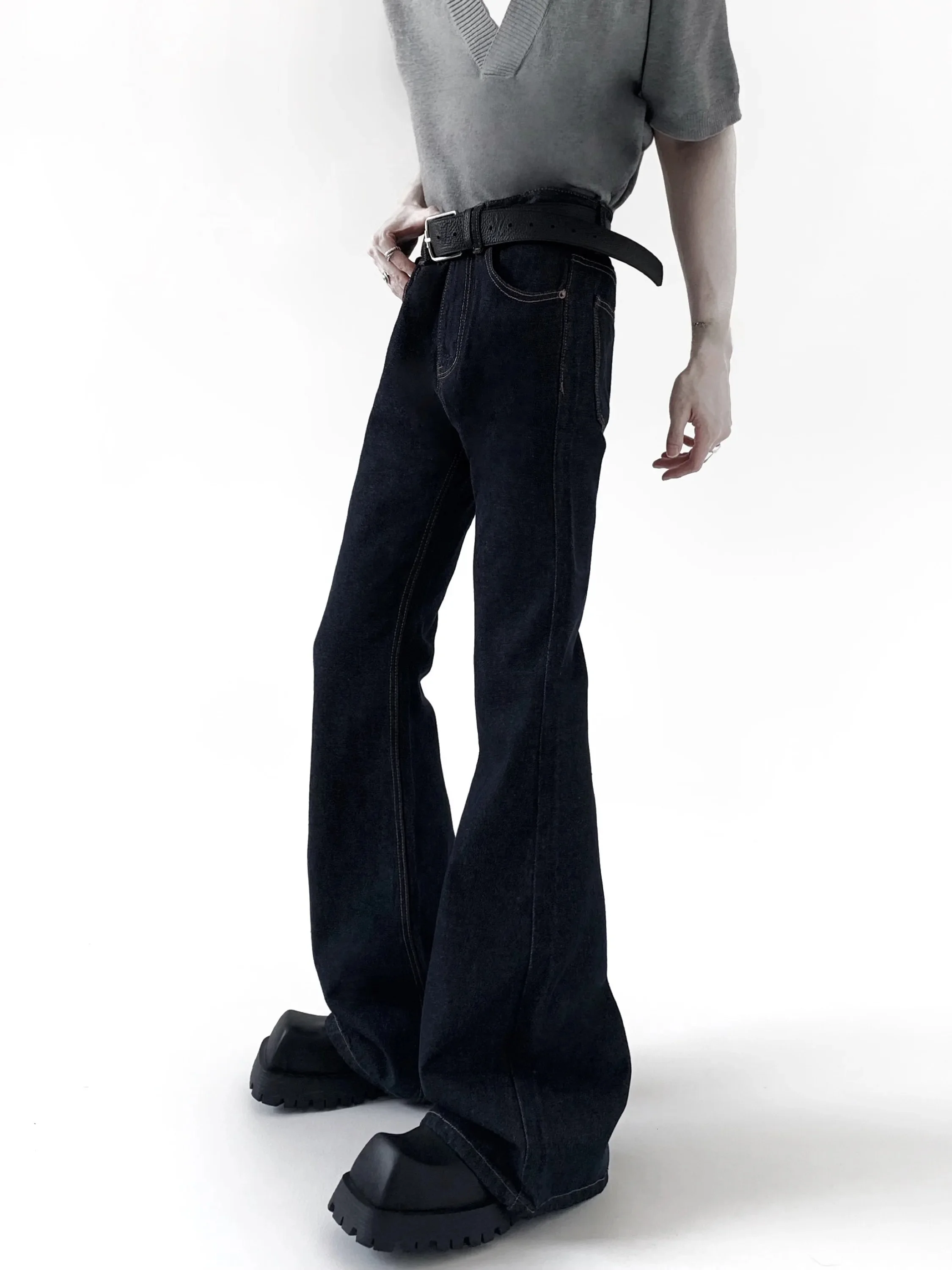 High Waist Flared Jeans Men's Original Denim Color Cleanfit Tapered Leggings Retro American Style Youthful Casual Wear