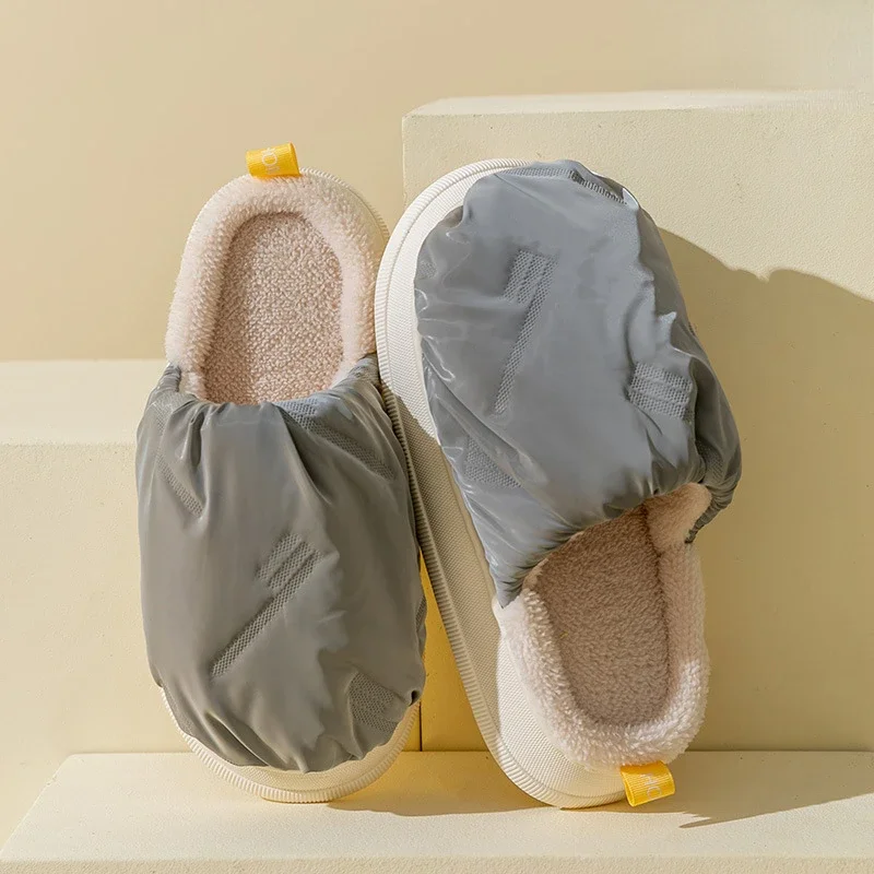 

Women Home Cotton Shoes Winter Waterproof Down Fabric Thick Bottom Warm Plush Indoor Paltform Fluffy Cloud Couple Slippers