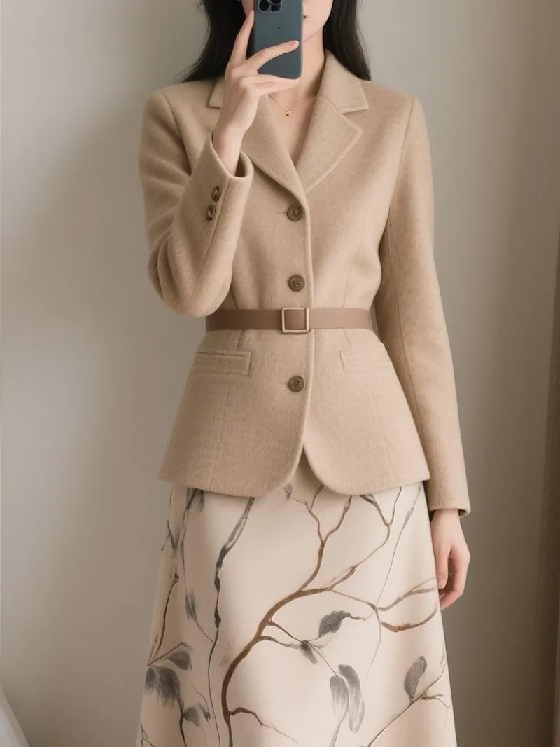 

New Autumn High End Tweed Women's Jacket Korean Fashion Elegant Office Lady Slim Waist Long Sleeve Coat Small Fragrance