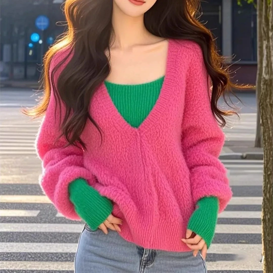

Women Knitwear Nice Color Blocking Pullover Sweater 2025 New Autumn Winter High-end Fake Two-piece Base Knit Sweater Outerwear