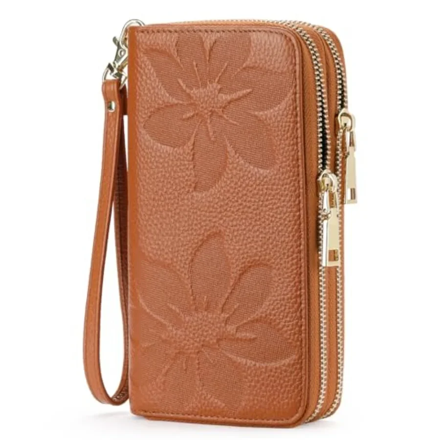 

Women's Wallet Large Capacity Double Zip Ladies Card Phone Holder RFID Blocking Wristlet Leather