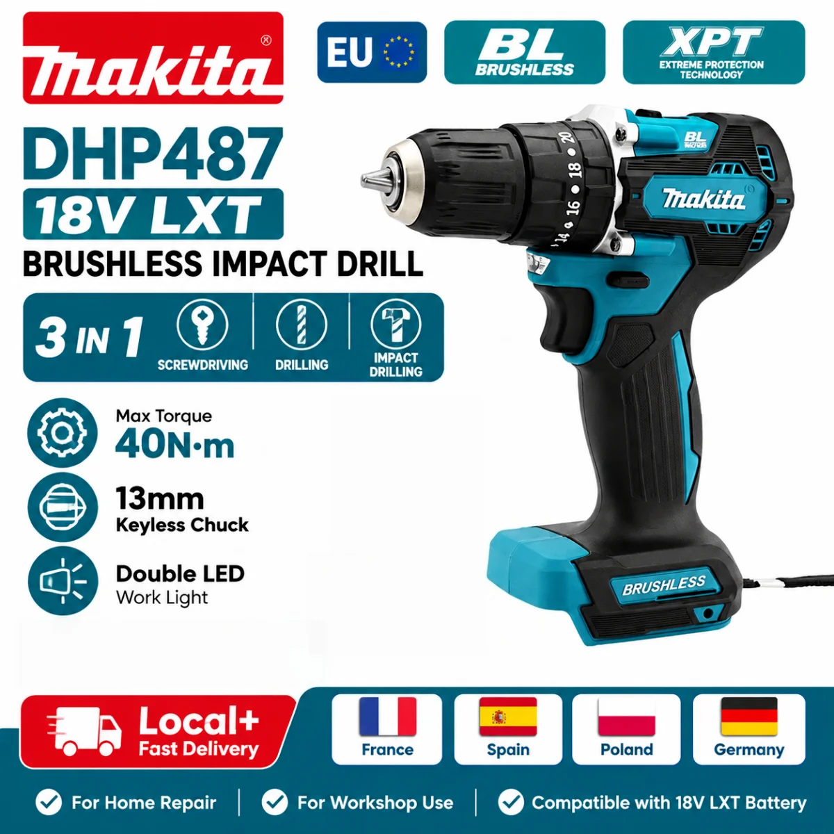 Batteria al litio 18V Makita Dhp487 Lxt, trapano avvitatore a percussione senza fili e senza spazzole, 40 N.M, avvitatore a impulsi a 2 velocità, trapano elettrico portatile multifunzione.