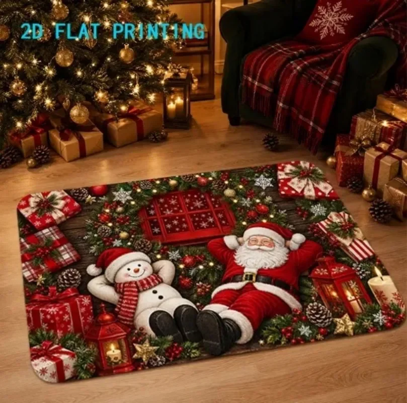 Snowman Christmas Doormat Buffalo Plaid Poinsettia Four Snowmen Print Xmas Holiday Decor Welcome Mat Indoor Outdoor Entryway