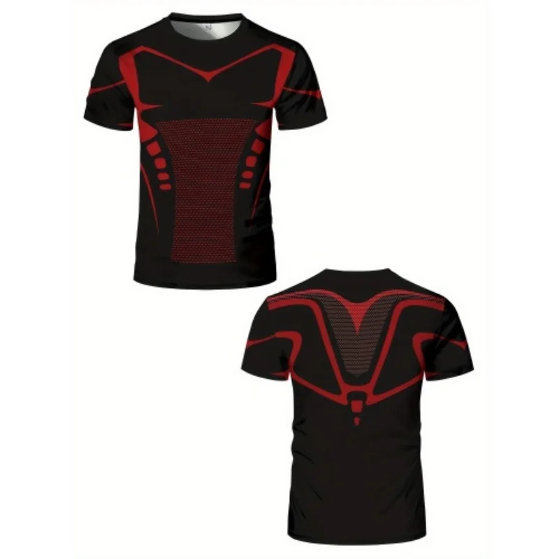 Men 3D Red Black Line Compression T Shirt Quick Dry Stretch Short Sleeve Gym Workout Muscle Fit Tees Running Training Athletic S