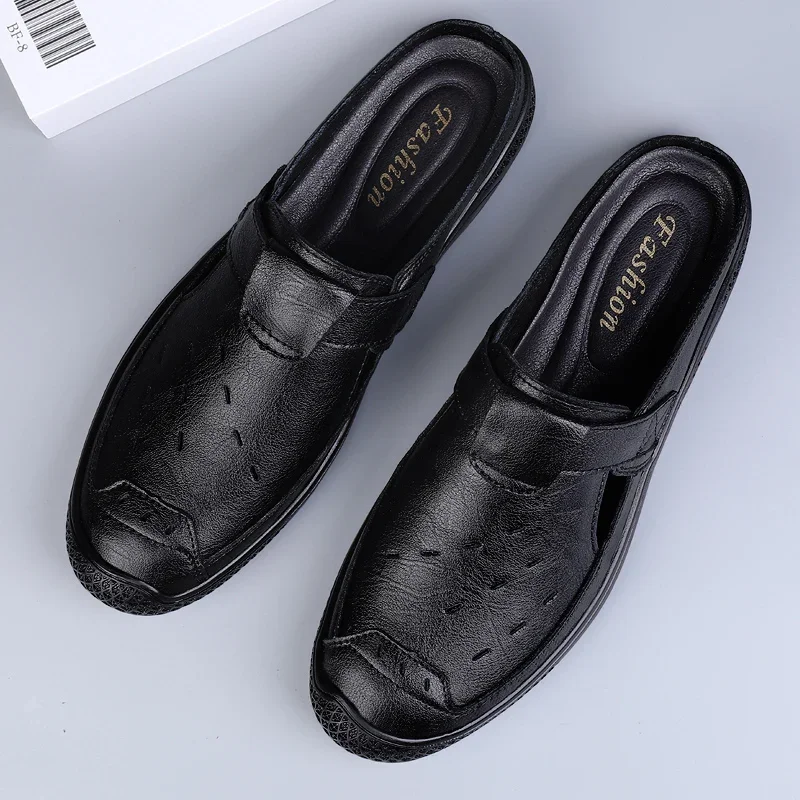 Nieuwe Halve Slipper Mannen Loafers Echt Leren Schoenen Mannen Slippers Nieuwe Mode Luie Bootschoenen Mannen Ademende Slip Op Muller Schoenen