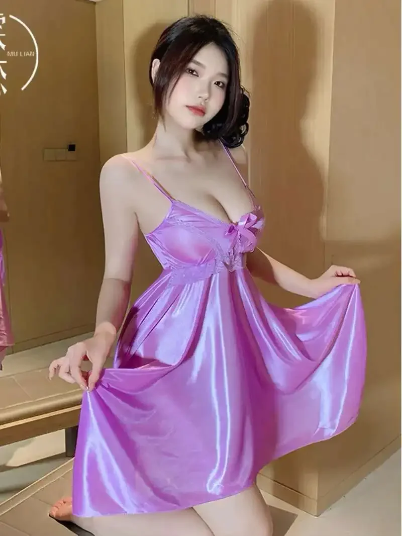 Ice Silk Strap Nightdress Summer Loungewear Mid-Length Nightdress Elegant Lace Sleeveless Couple Mood Uniform Pure Desire