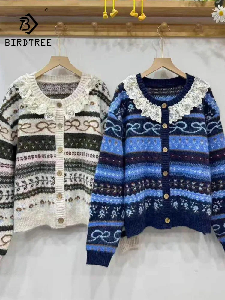 

New 2025 Winter Cotton Blending Sweater, Women O Neck Jacquard Lace Patchwork, Mori Girl Sweet Chic Loose Knit Cardigan C5D322CC