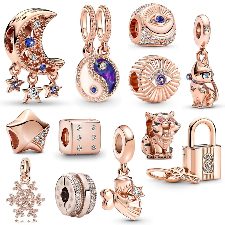 DIY Charm Jewelry Rose Gold Series Star Moon Pet Cat Angel Lock Dangle Fit Original Silver 925 Bracelet Eye Of Evil Bead