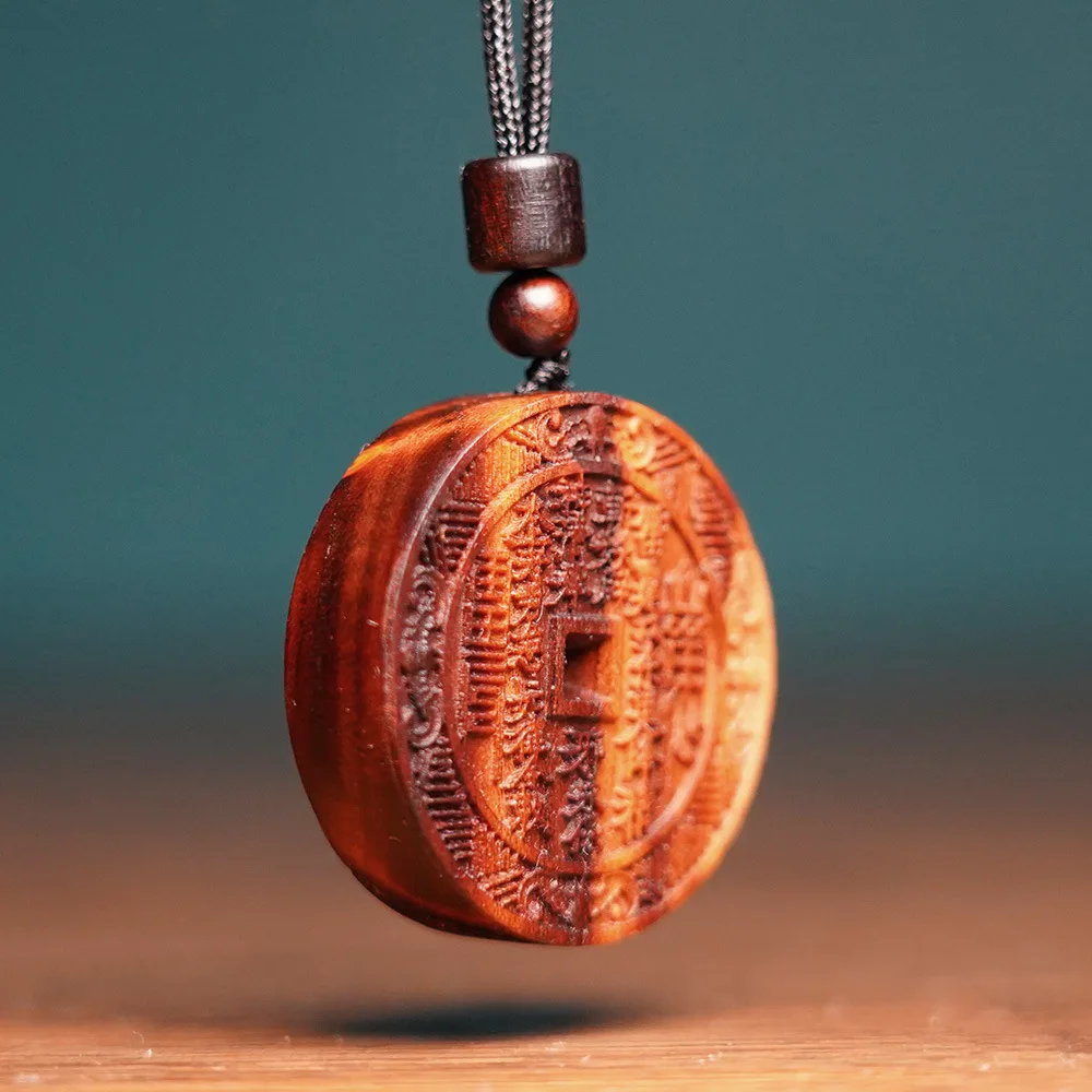 Chinese Traditional Hand Carved Old Peach Wood Mountain Ghost Coin Pendant Lucky Blessing Amulet Car Hanger Good Luck Fortune