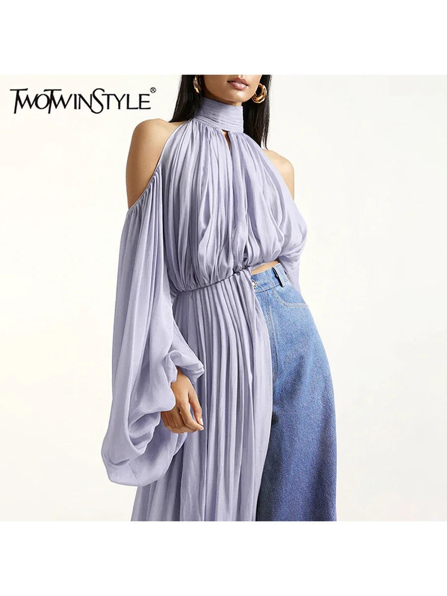 TWOTWINSTYLE Solid Spliced Ribbon Blouse for Women Stand Collar Lantern Sleeve Off Shoulder Casual Shirt Female Fashion Clothing