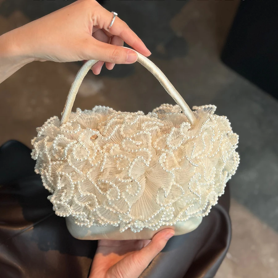 Retro handmade pearl handbag small daily commuting design floral totes for women vegetable basket bucket bag party dinner bags
