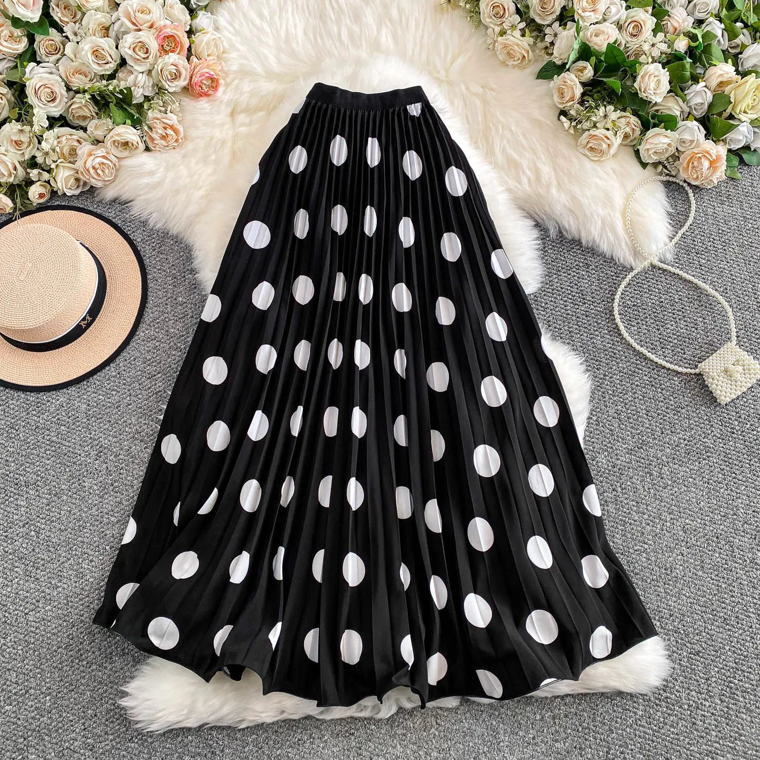 Seoulish High Waist Classic Dots Women's Pleated Skirts 2026 New Spring Summer Casual Loose Umbrella A-line Skirts Female