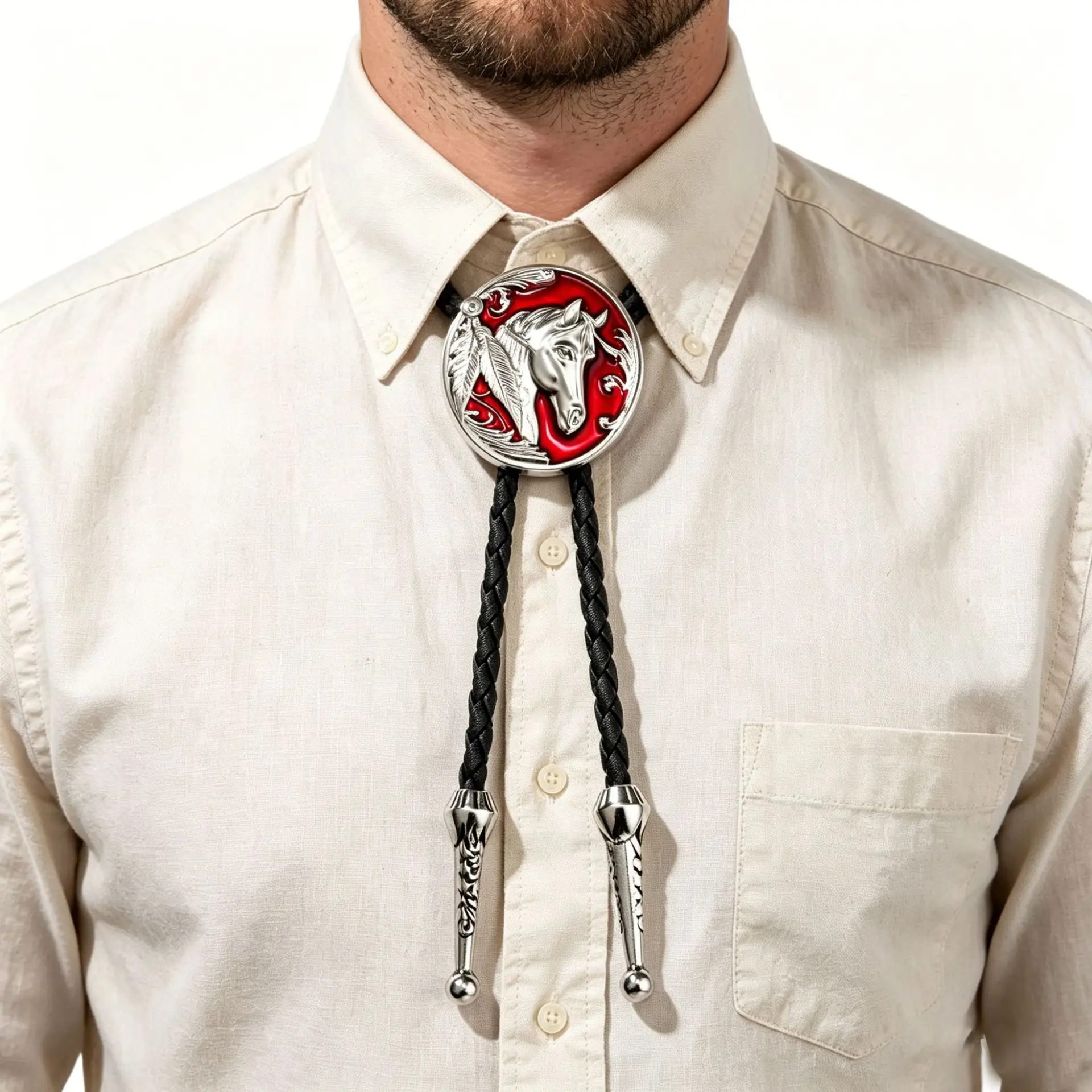 2026 New Western Horse Head Relief Bolo Tie with Braided Leather Cord & Metal Tips Vintage Cowboy Necklace Adjustable Necktie