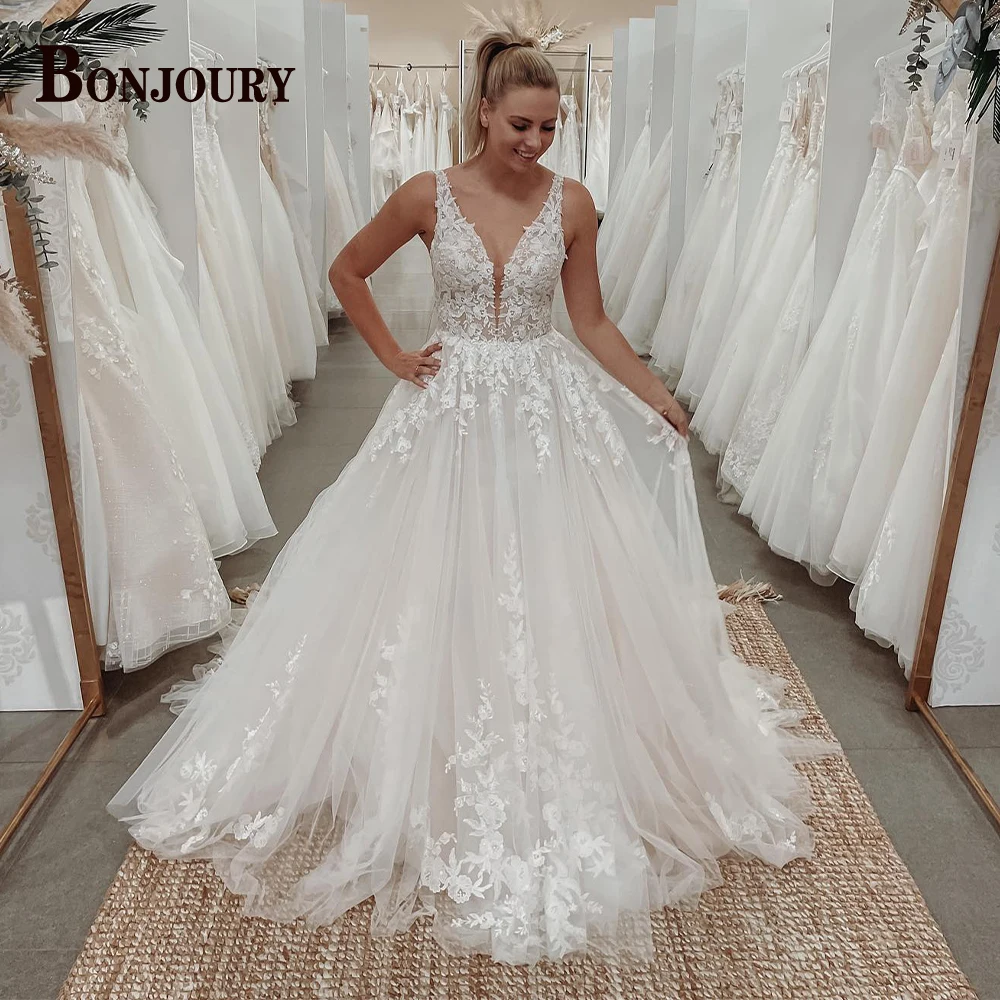 BONJOURY Stylish Wedding Dress For Woman 2024 Bride Backless V-neck Sleeveless A-line Appliques Vestidos De Noiva Made To Order