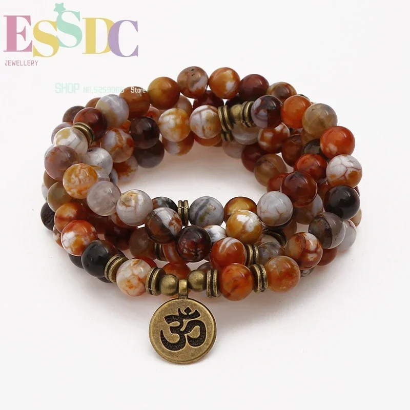 Handmade 8mm Natural Ice Blast Coffee Onyx  108 Mala OM Pendant Necklace Chakra Yoga Buddhist Bracelet Dropship