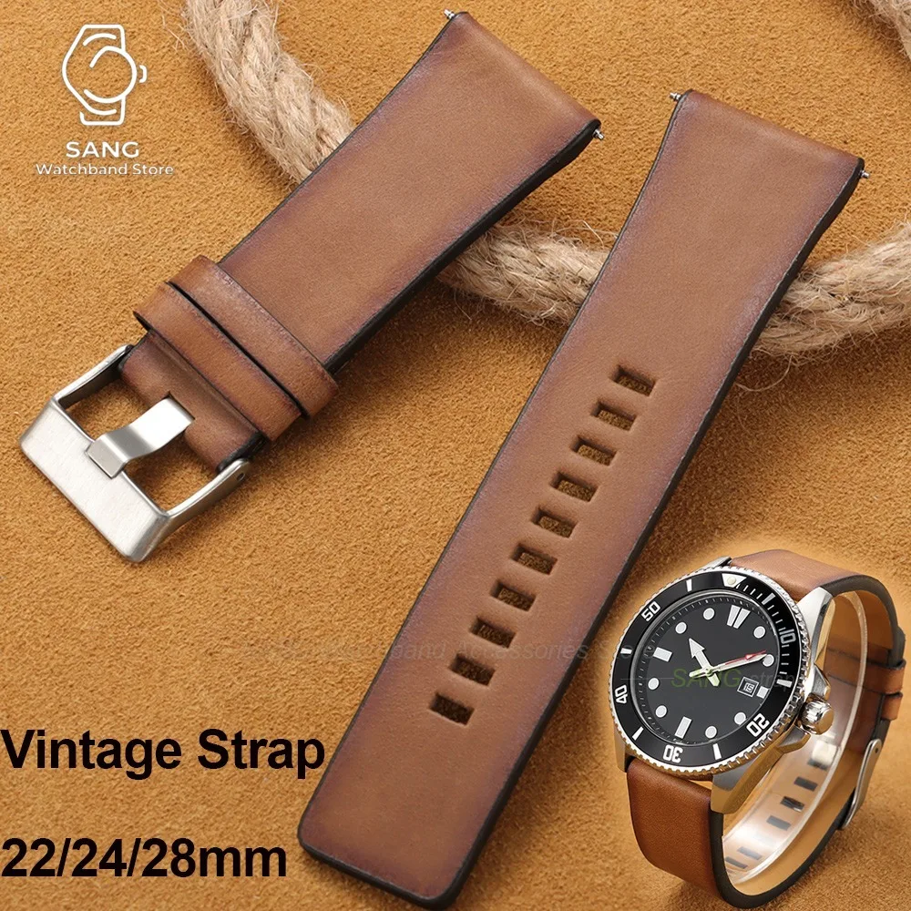22mm 24mm 28mm for Diesel Full-grain Cowhide Leather Strap Universal Watchband Leather Watchbands Replacement Brown Men Bracelet