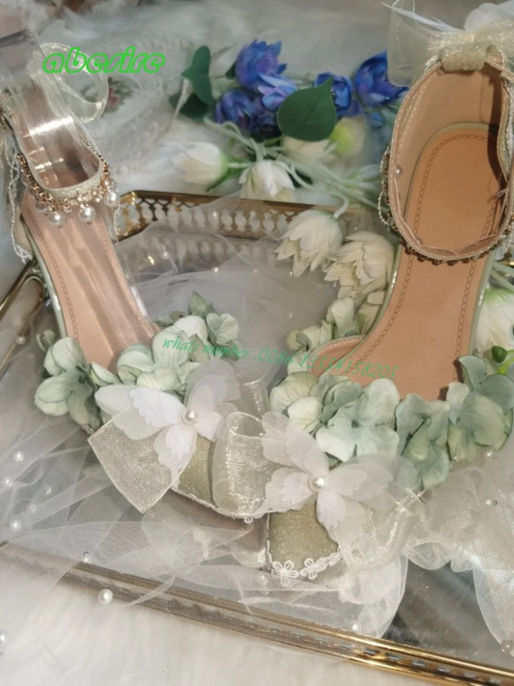 

Lolita Handmade Flower High Heels Wedding Tea Party Women's Pumps Sexy Cute Pointed Toe Pearl Pendant Buckle Summer Shoes Sexy