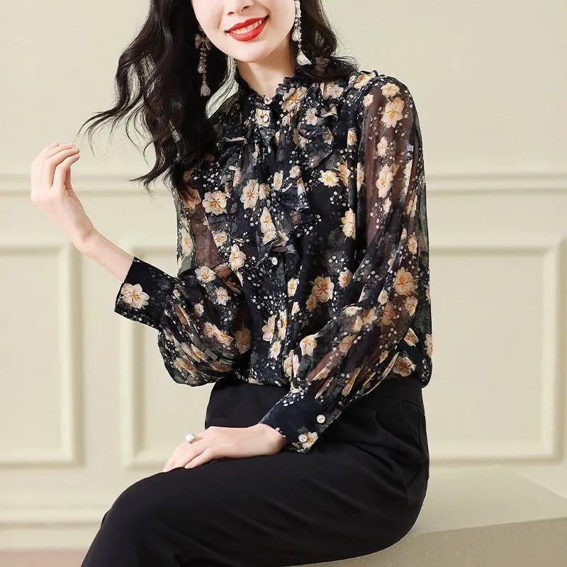 Women Vintage Floral Print Ruffles Elegant Shirts Spring Autumn Fashion Chic Blouses Long Sleeve Loose Tops Chiffon Blusa Mujer