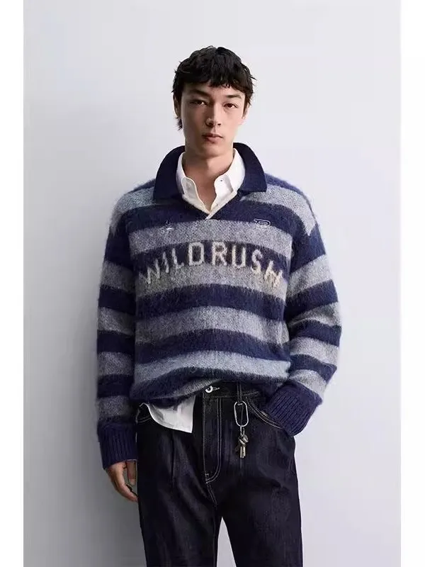 

New Winter Men's Knitted irt Sweater Loose Fit Turn-down Collar Embroidered Color Blo Design Casual Sle Long Sve