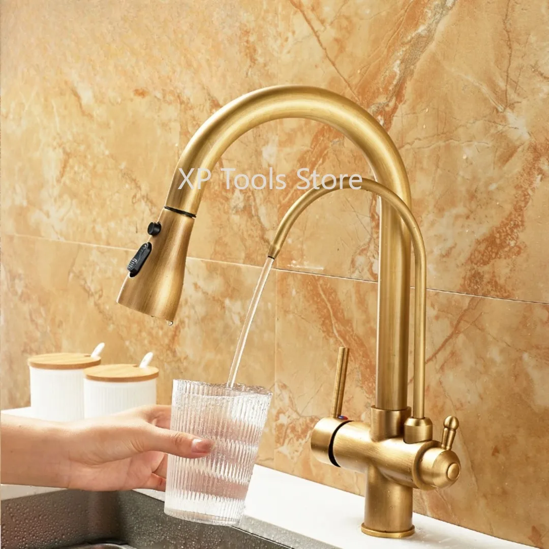 Полностью медный смеситель для чистой воды «три в одном» 2025 года — кухонный антикварный смеситель для накачки, идеально подходит для бытовой раковины и раковины для овощей, 360° °