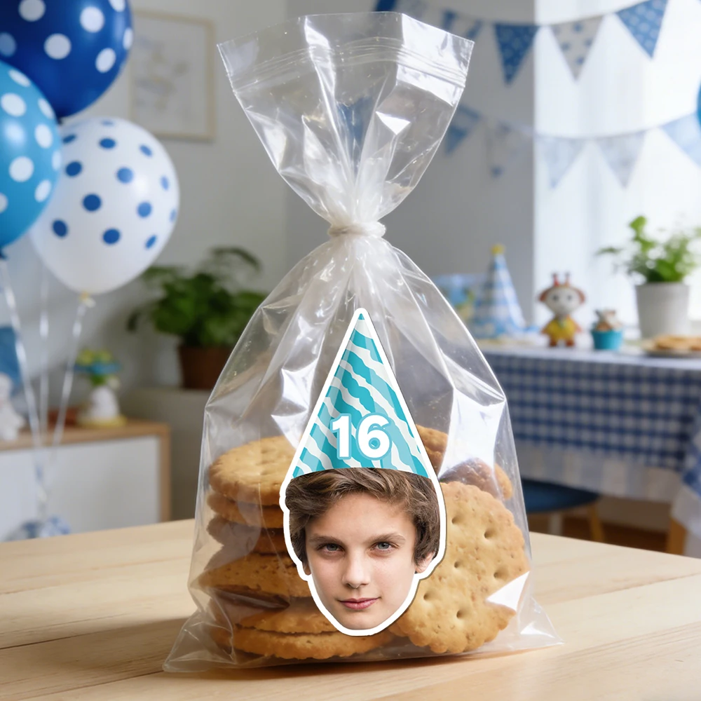 20pcs Personalized Happy Birthday Party Stickers Custom Face photo Cone Hat Pattern stickers Birthday decoration Labels