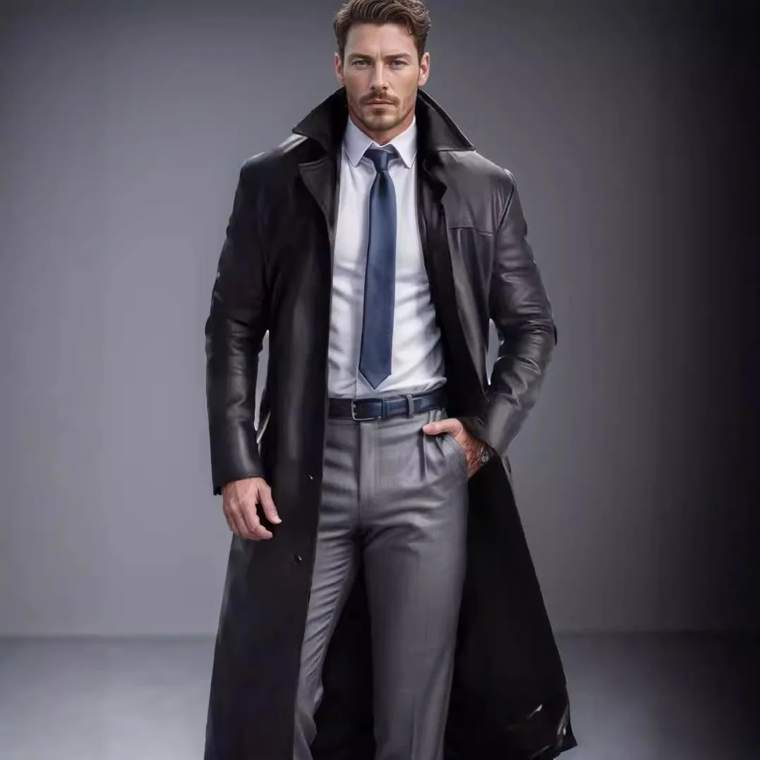 Man Leather Jacket Autumn High Street Turn Down Collar Long Sleeve Men Trench Coat Windproof Single-breasted Male Outerwear