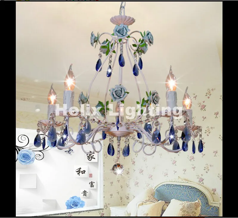 Newly White Blue Rose Style Chandelier Light Luxury Decorative Pendant Lamp Indoor Iron Crystal Chandelier Dining Room Lighting